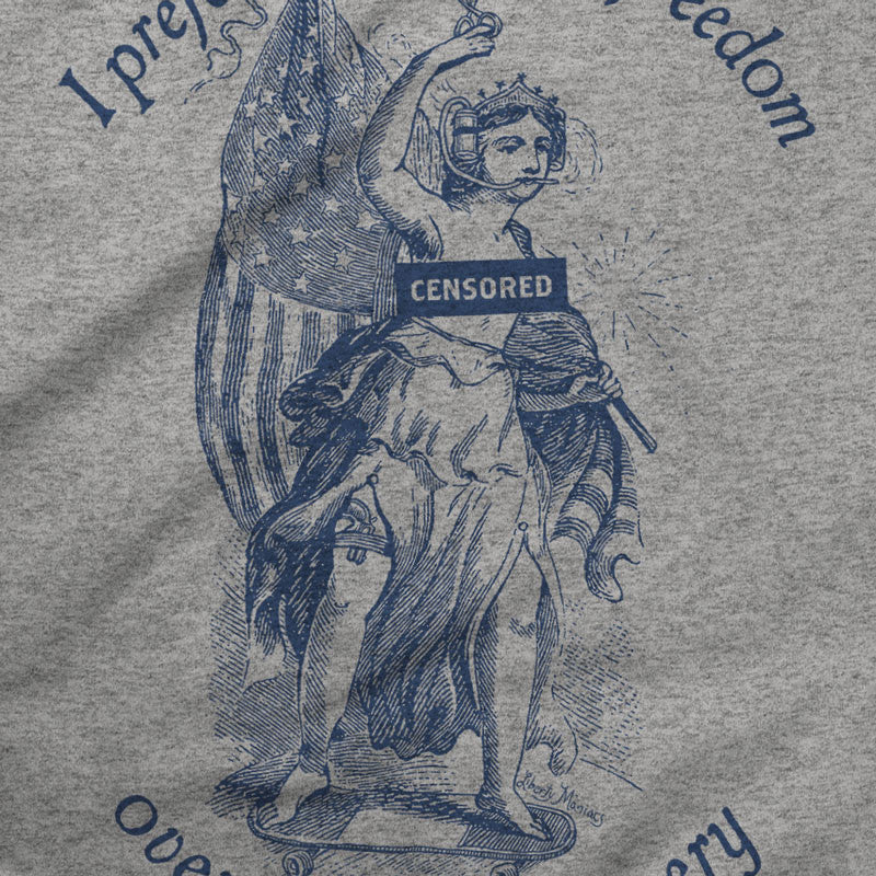 A black t-shirt with a graphic print of a person and the text &#39;I prefer dangerous freedom over peaceful slavery - Thomas Jefferson&#39; by Liberty Maniacs