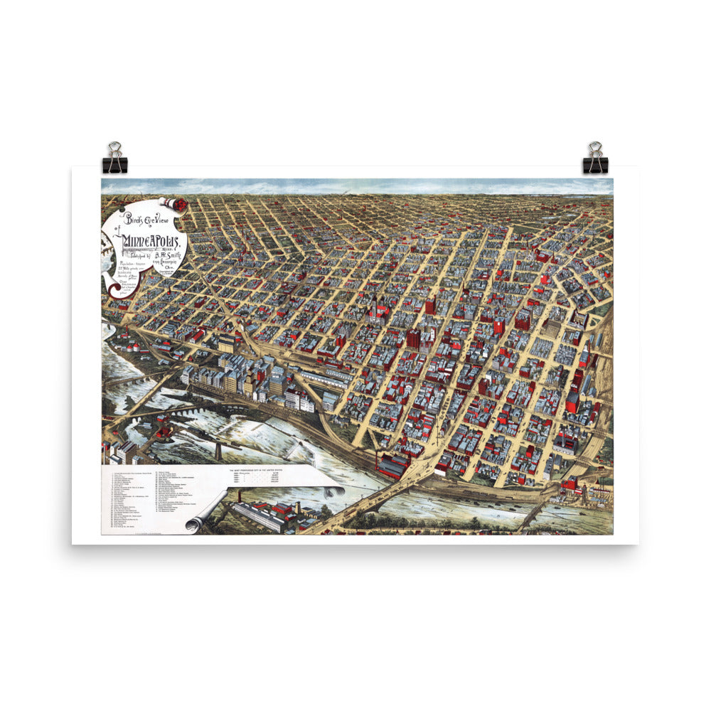 1891 Minneapolis Bird's Eye Giclée  Map Print