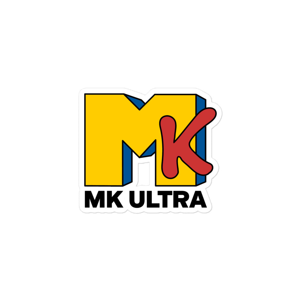 Sticker with the text 'MK ULTRA' in bold, capital letters, styled in a yellow and red color scheme, resembling a well-known mass media logo.