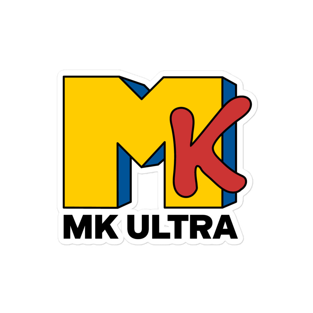 Sticker with the text &#39;MK ULTRA&#39; in bold, capital letters, styled in a yellow and red color scheme, resembling a well-known mass media logo.