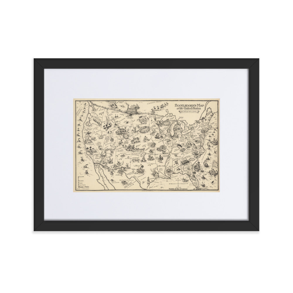 Bootlegger&#39;s Map of the United States 1928 Matted Framed Print