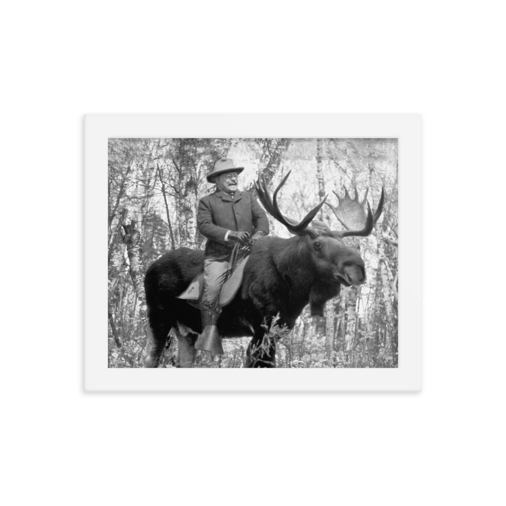 Teddy Roosevelt Riding a Bull Moose Framed Print