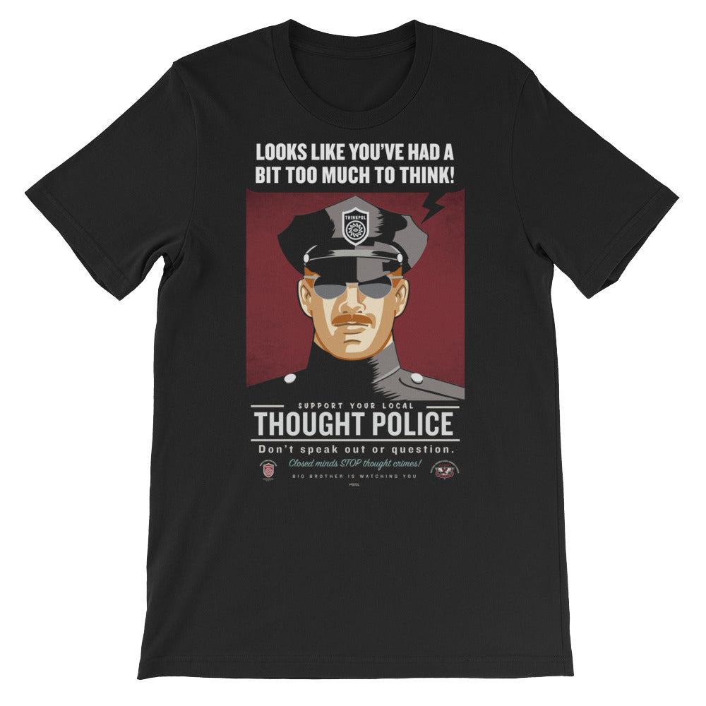 Black t-shirt with graphic print of a character resembling a police officer and the text 'THOUGHT POLICE' along with other satirical phrases from the novel Nineteen Eighty-Four.