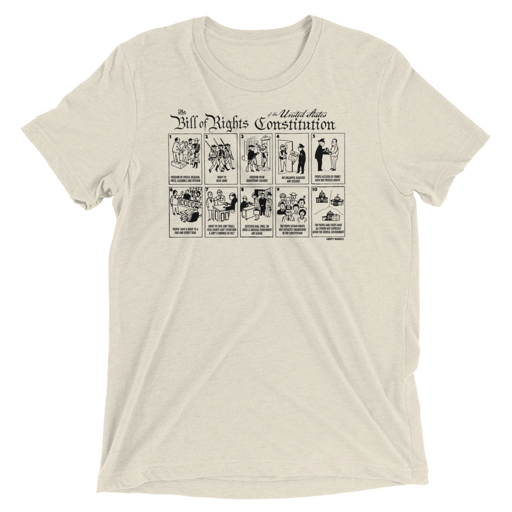A heather natural crew neck t-shirt with a graphic print of the Bill of Rights Constitution, featuring illustrations of the first ten amendments.
