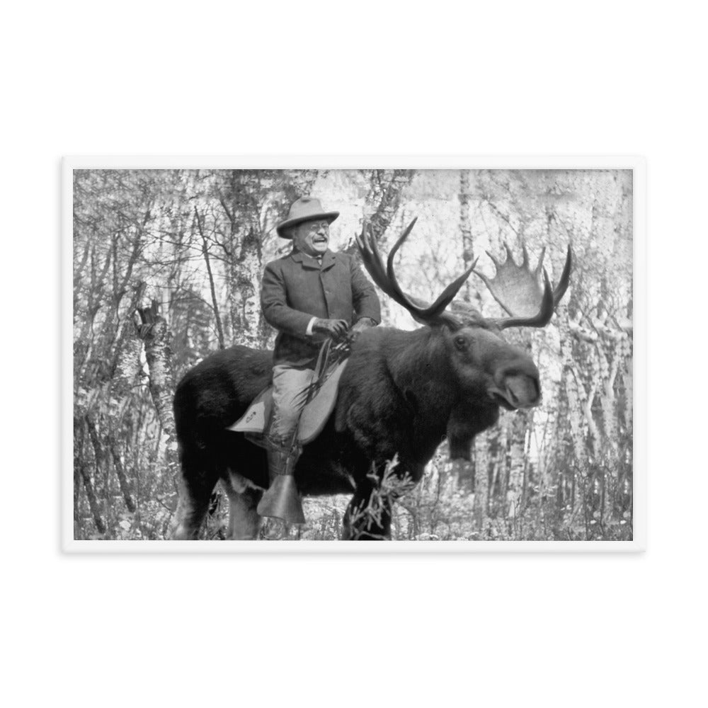 Teddy Roosevelt Riding a Bull Moose Framed Print