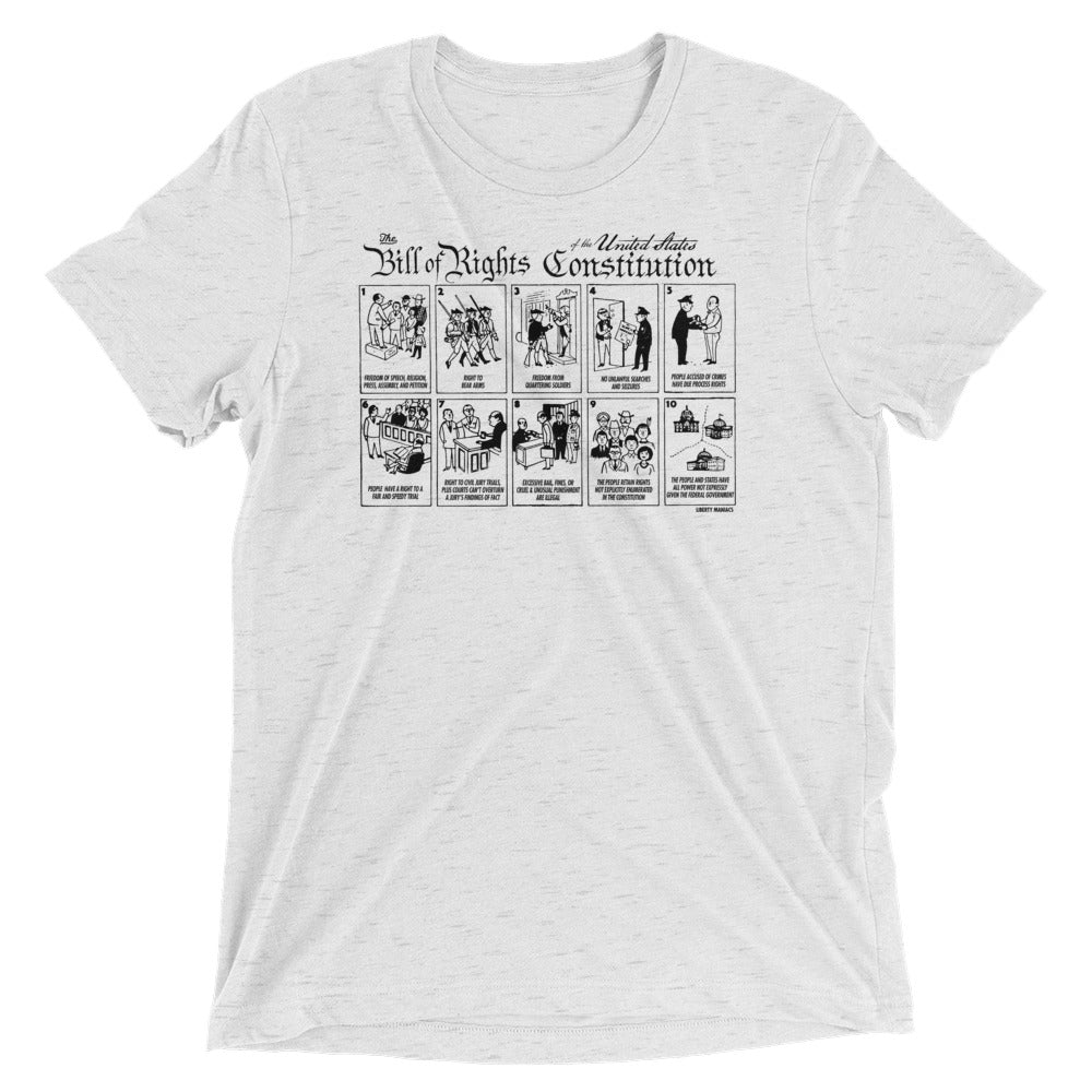 A gray crew neck t-shirt with a graphic print of the Bill of Rights Constitution, featuring illustrations of the first ten amendments.