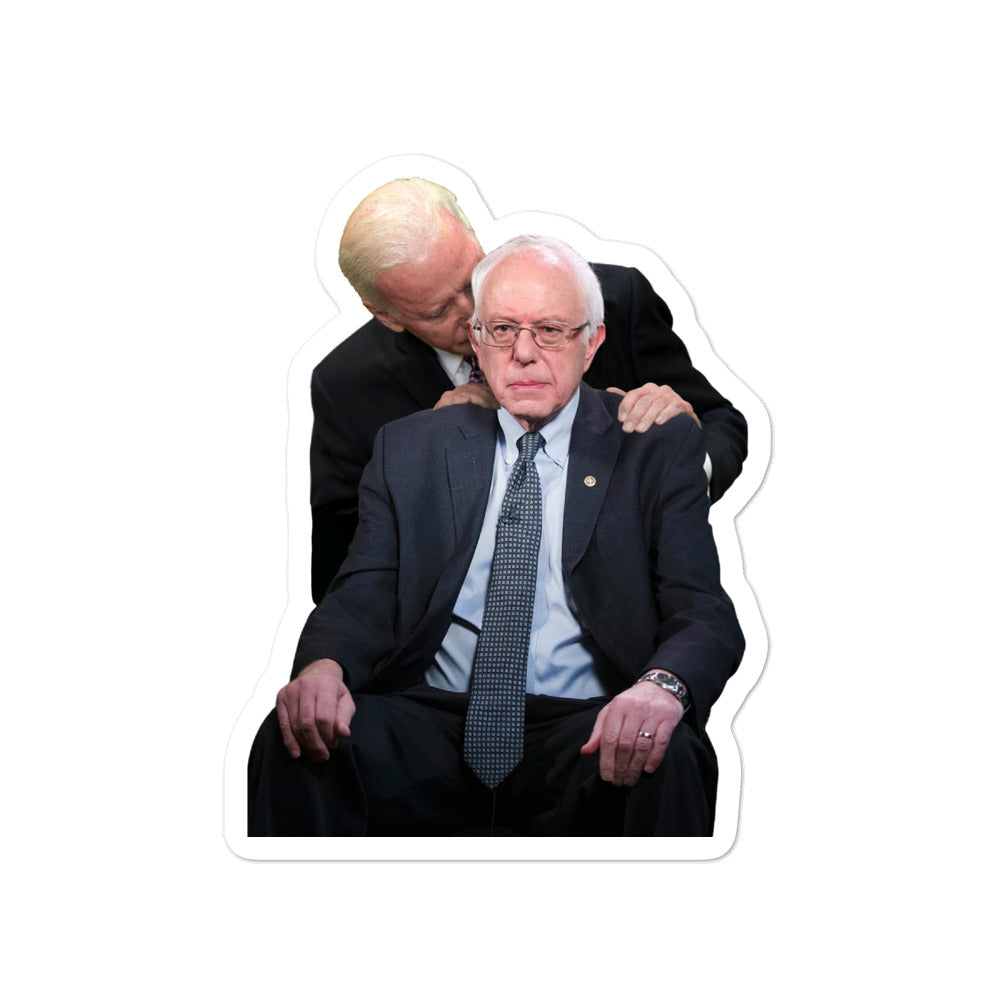 Liberty Maniacs sticker featuring Joe Biden sniffing Bernie Sanders hair. 