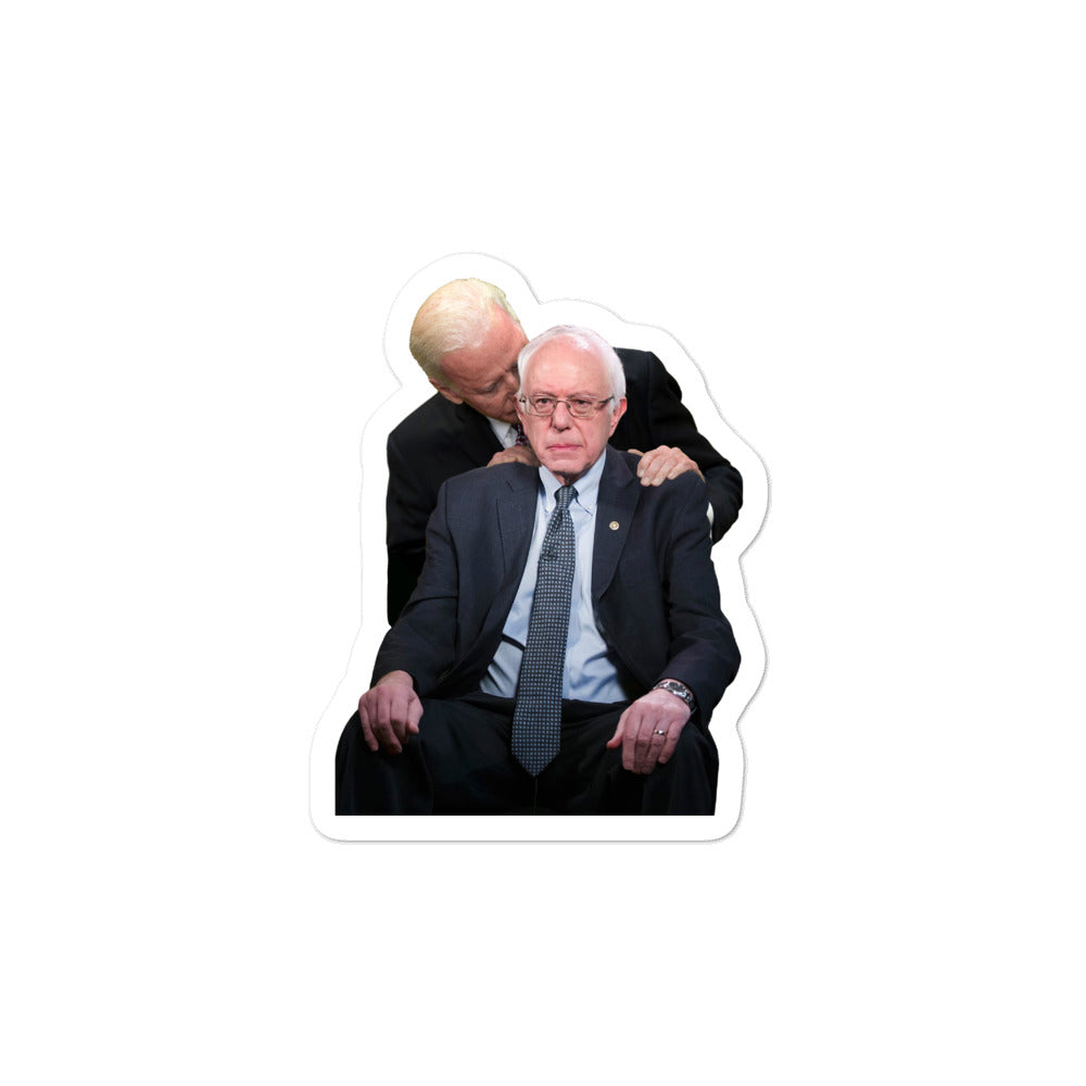 Liberty Maniacs sticker featuring Joe Biden sniffing Bernie Sanders hair.