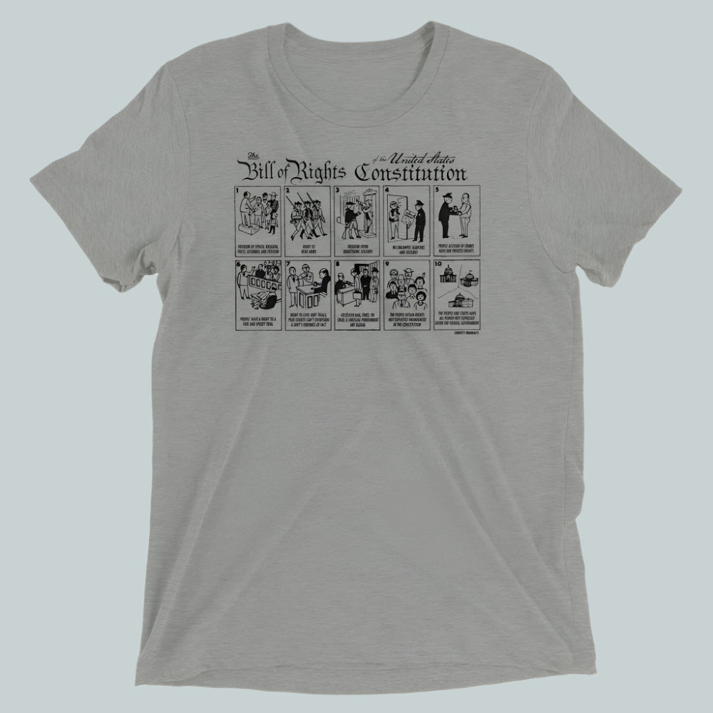 A gray crew neck t-shirt with a graphic print of the Bill of Rights Constitution, featuring illustrations of the first ten amendments.