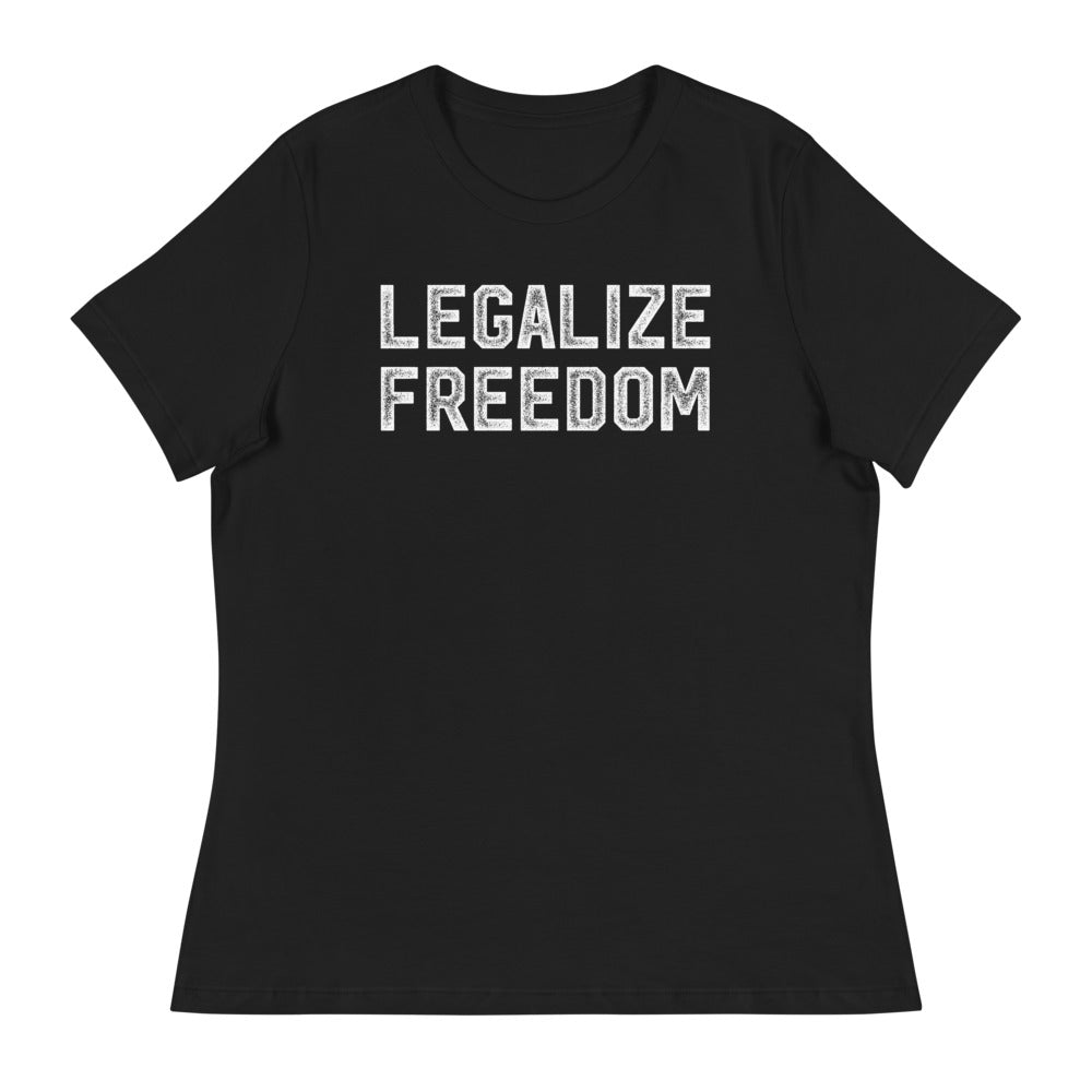 Legalize Freedom black ladies relaxed fit tee by Liberty Maniacs laying flat on a white background