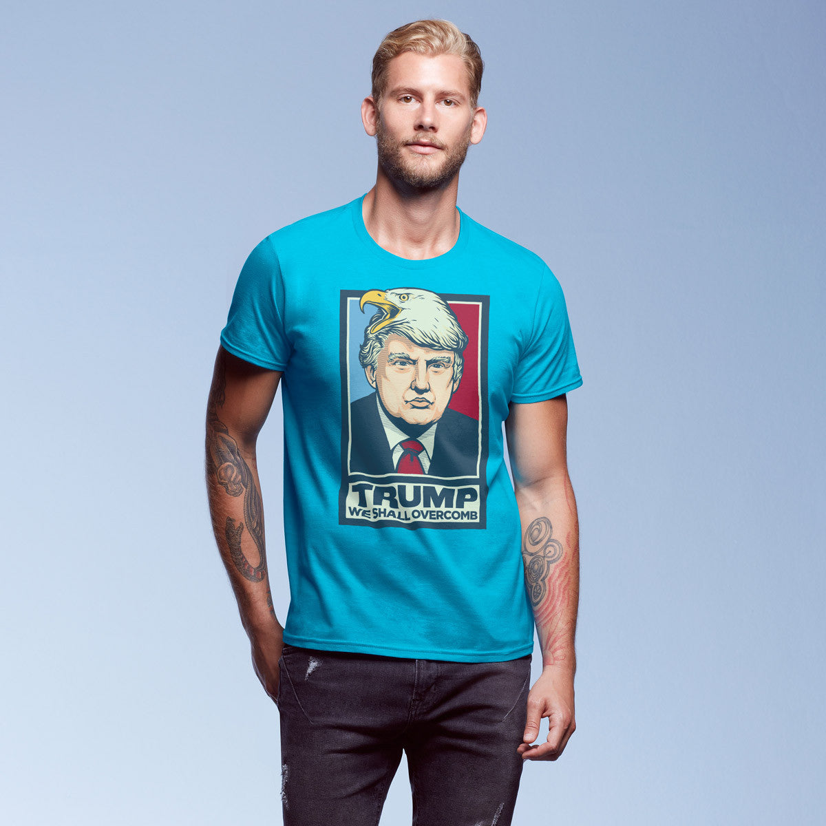 We Shall Overcomb Donald Trump T-shirt in Caribbean Blue