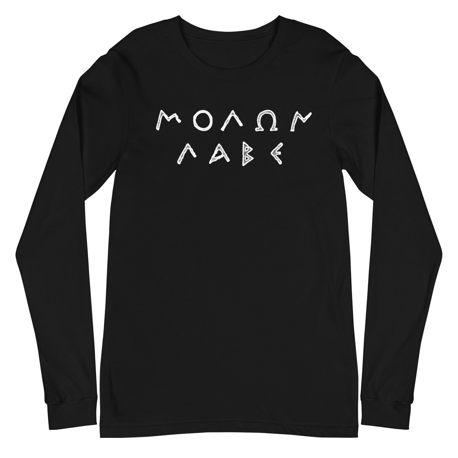 Man wearing a black long-sleeve shirt with white MOLAN LABE text on a white background