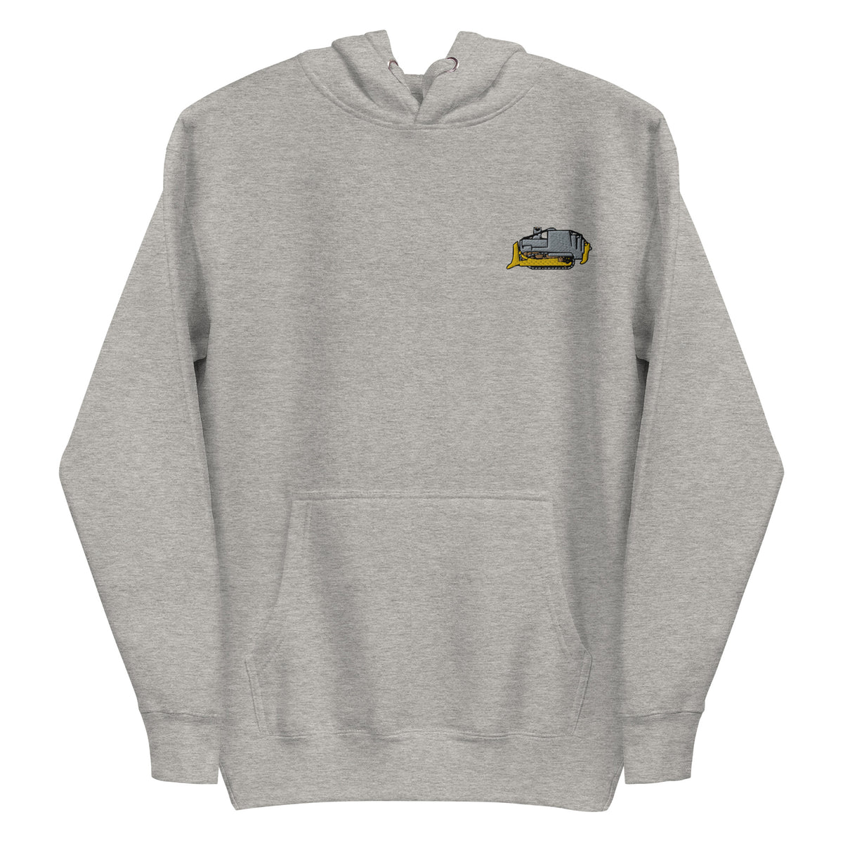 The Killdozer Embroidered Hoodie in athletic grey lying on a white background by Liberty Maniacs