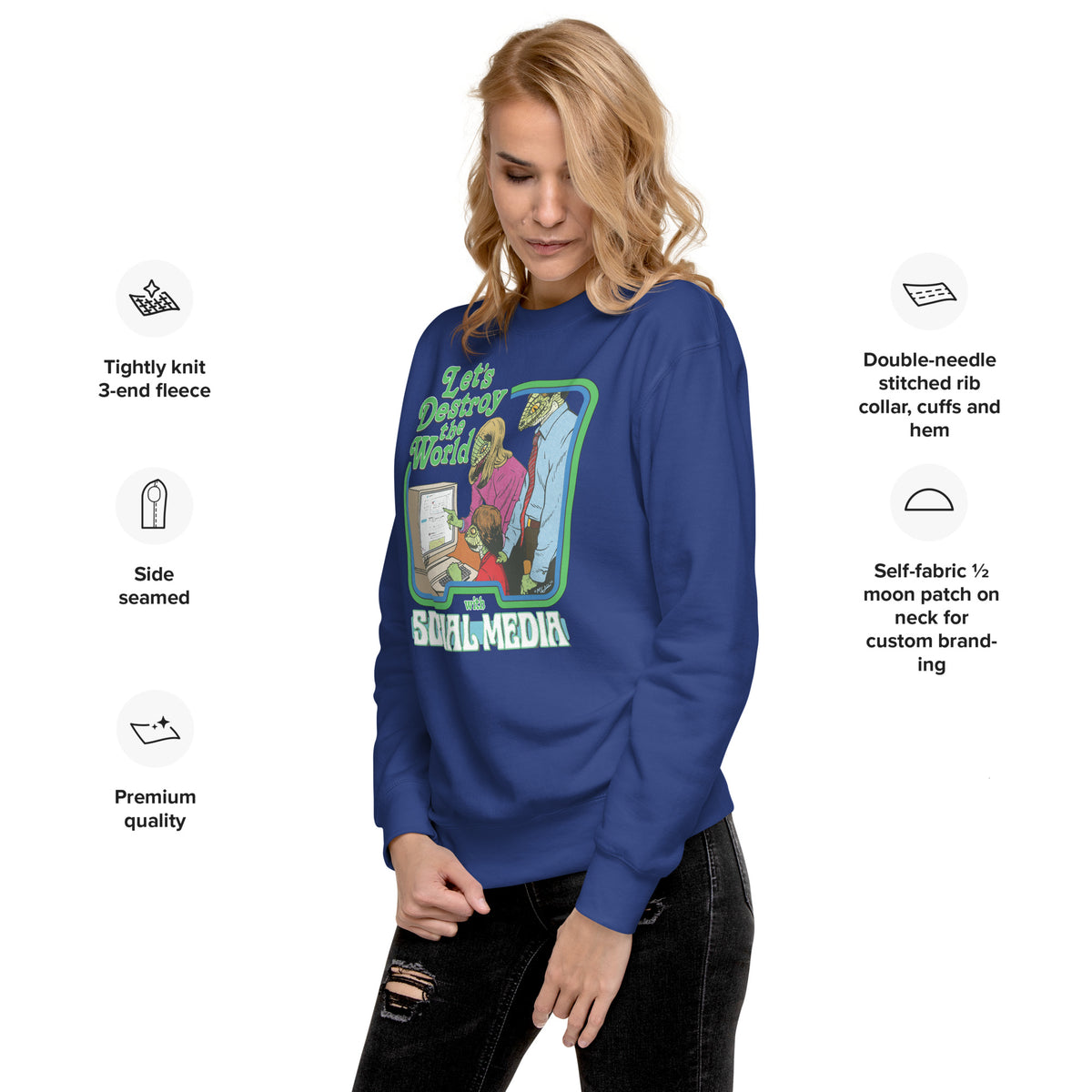 Let&#39;s Destroy the World with Social Media Lizard People Crewneck Sweatshirt