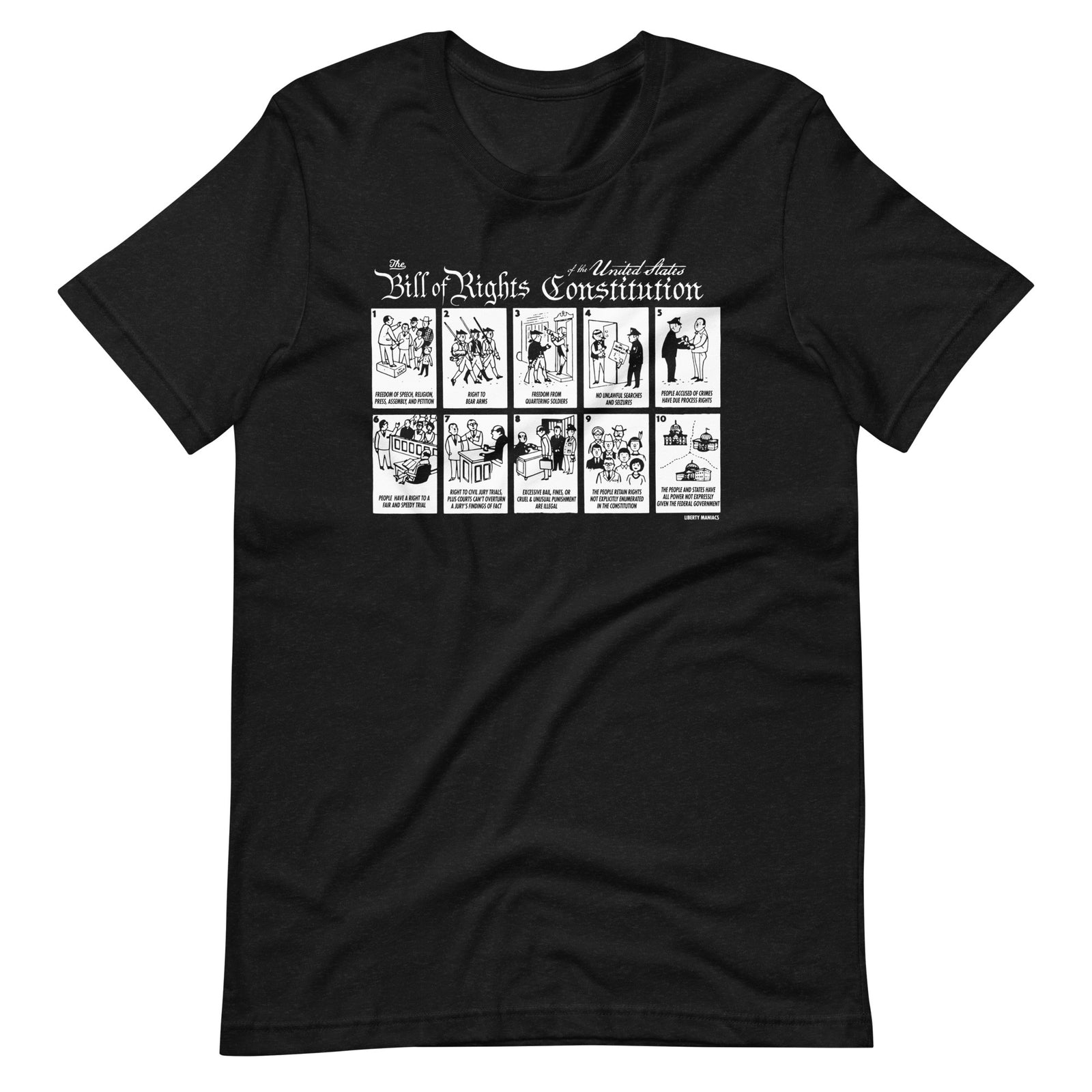 A black crew neck t-shirt with a graphic print of the Bill of Rights Constitution of the United States by Liberty Maniacs