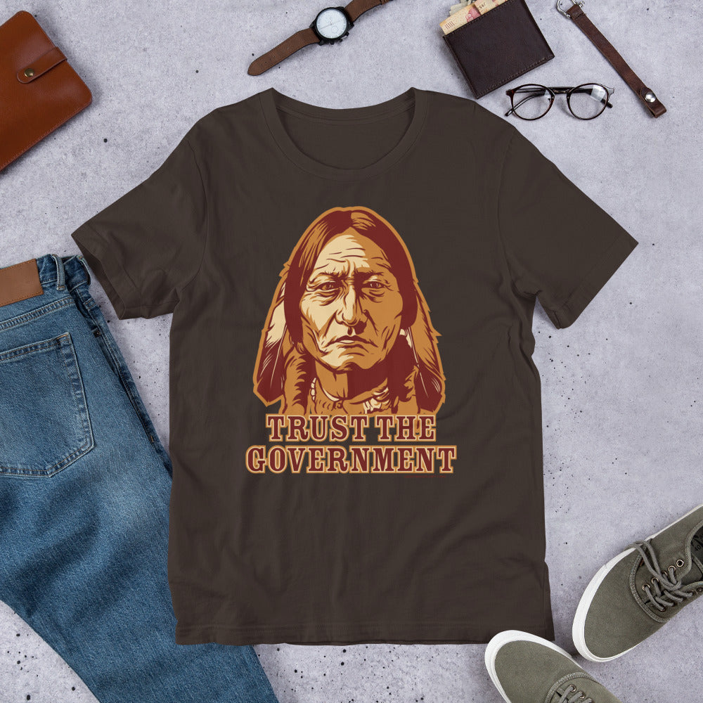 Sitting Bull "Trust the Government" graphic t-shirt in brown.