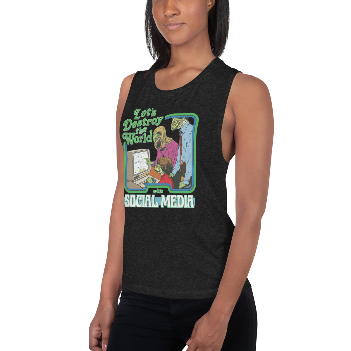 Let’s Destroy the World with Social Media Ladies’ Muscle Tank