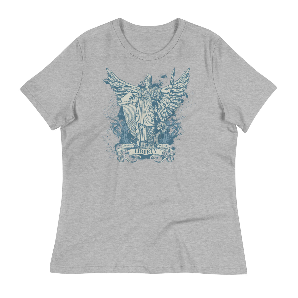 Women&#39;s heather grey t-shirt with a graphic print of the Roman goddess Libertas based on the Statue of Liberty.