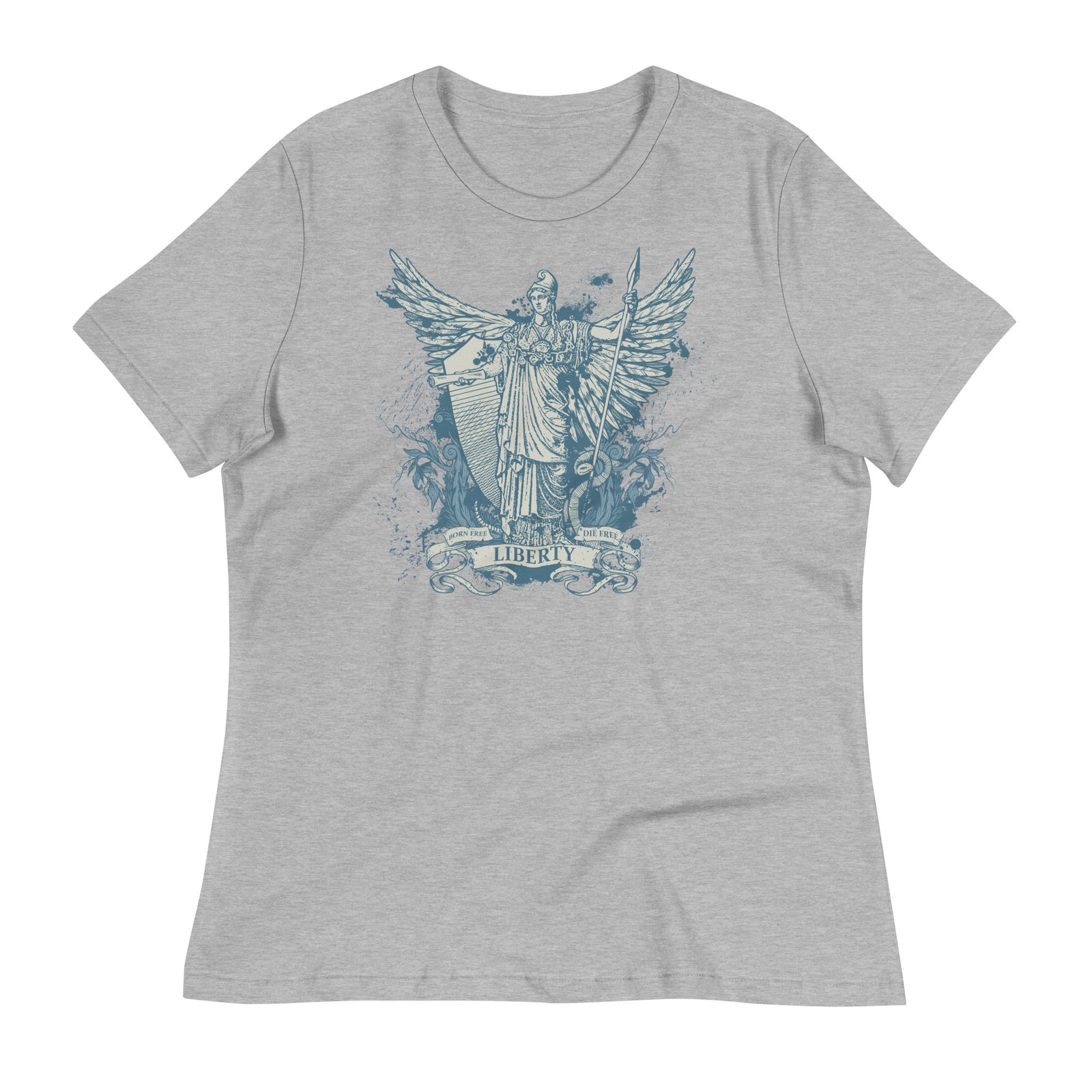 Women's heather grey t-shirt with a graphic print of the Roman goddess Libertas based on the Statue of Liberty.