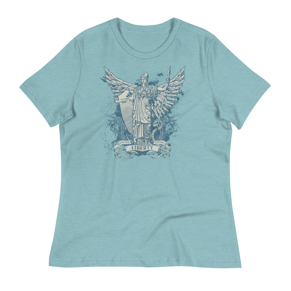 Women&#39;s blue t-shirt with a graphic print of the Roman goddess Libertas based on the Statue of Liberty.