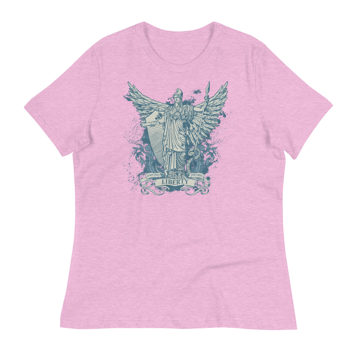 Women&#39;s heather prism lilac color t-shirt with a graphic print of the Roman goddess Libertas based on the Statue of Liberty.
