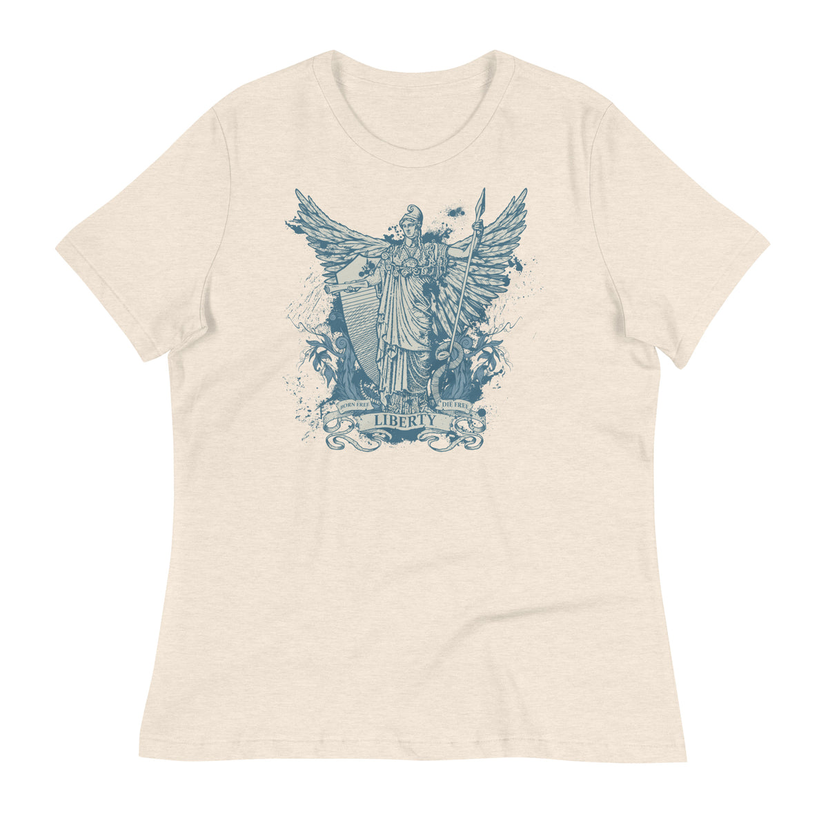 Women&#39;s heather natural t-shirt with a graphic print of the Roman goddess Libertas based on the Statue of Liberty.