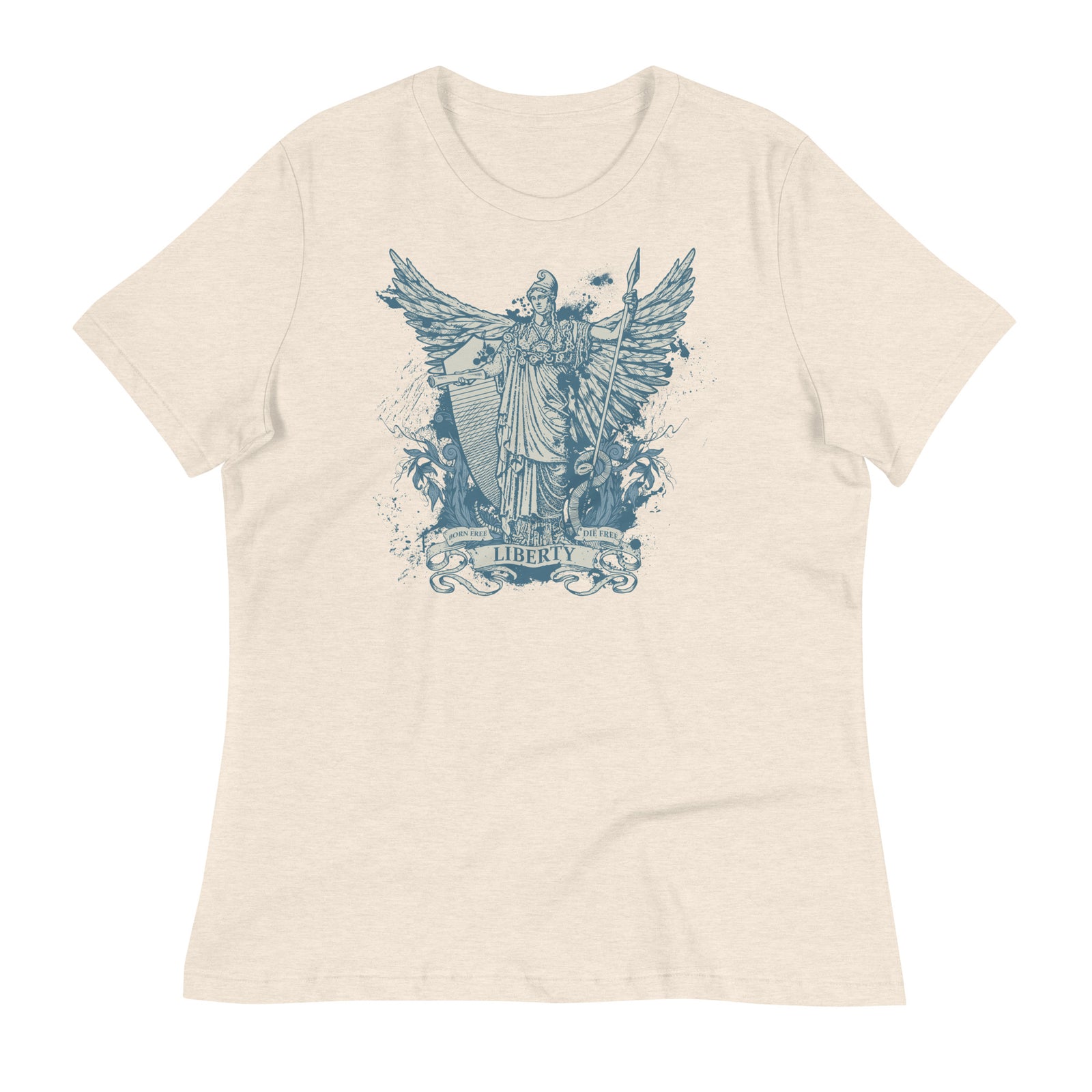 Women's heather natural t-shirt with a graphic print of the Roman goddess Libertas based on the Statue of Liberty.