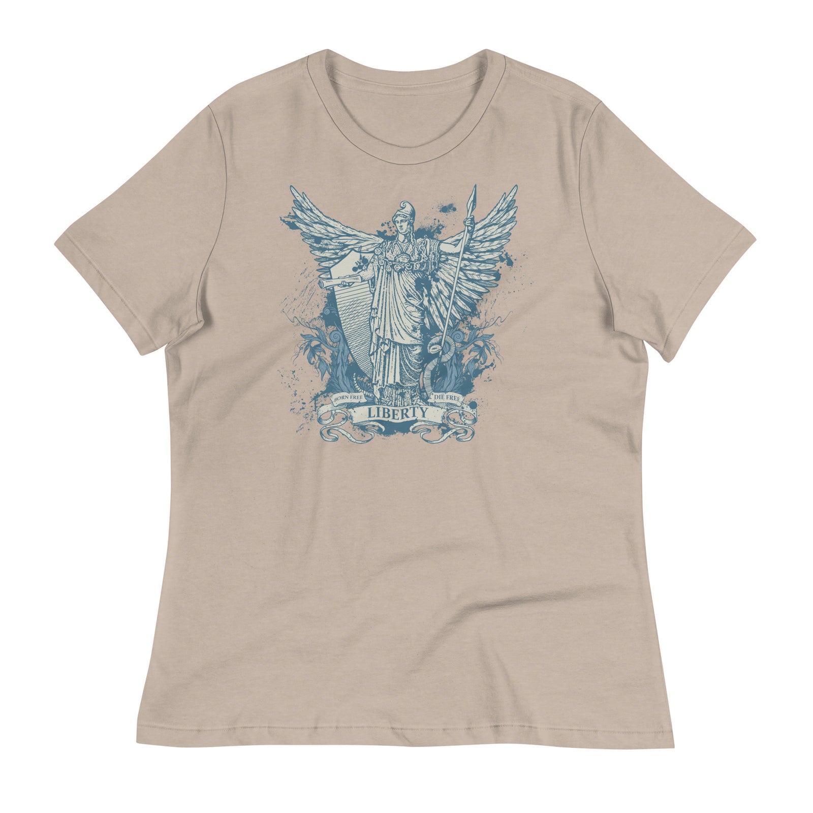 Women's heather stone t-shirt with a graphic print of the Roman goddess Libertas based on the Statue of Liberty.