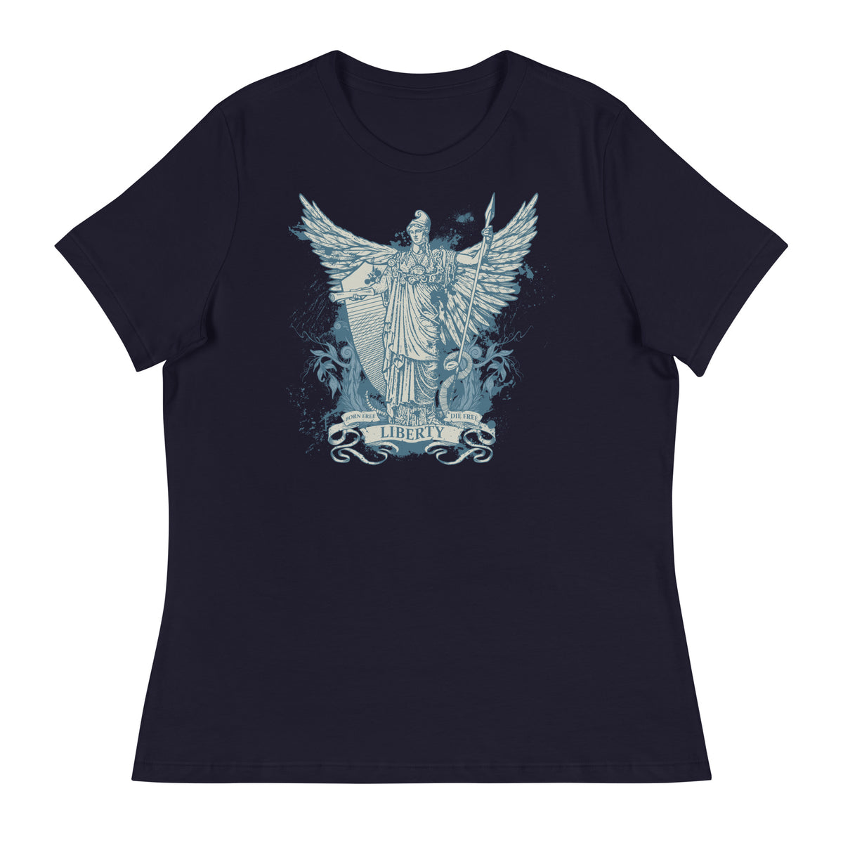 Women&#39;s navy-blue t-shirt with a graphic print of the Roman goddess Libertas based on the Statue of Liberty.