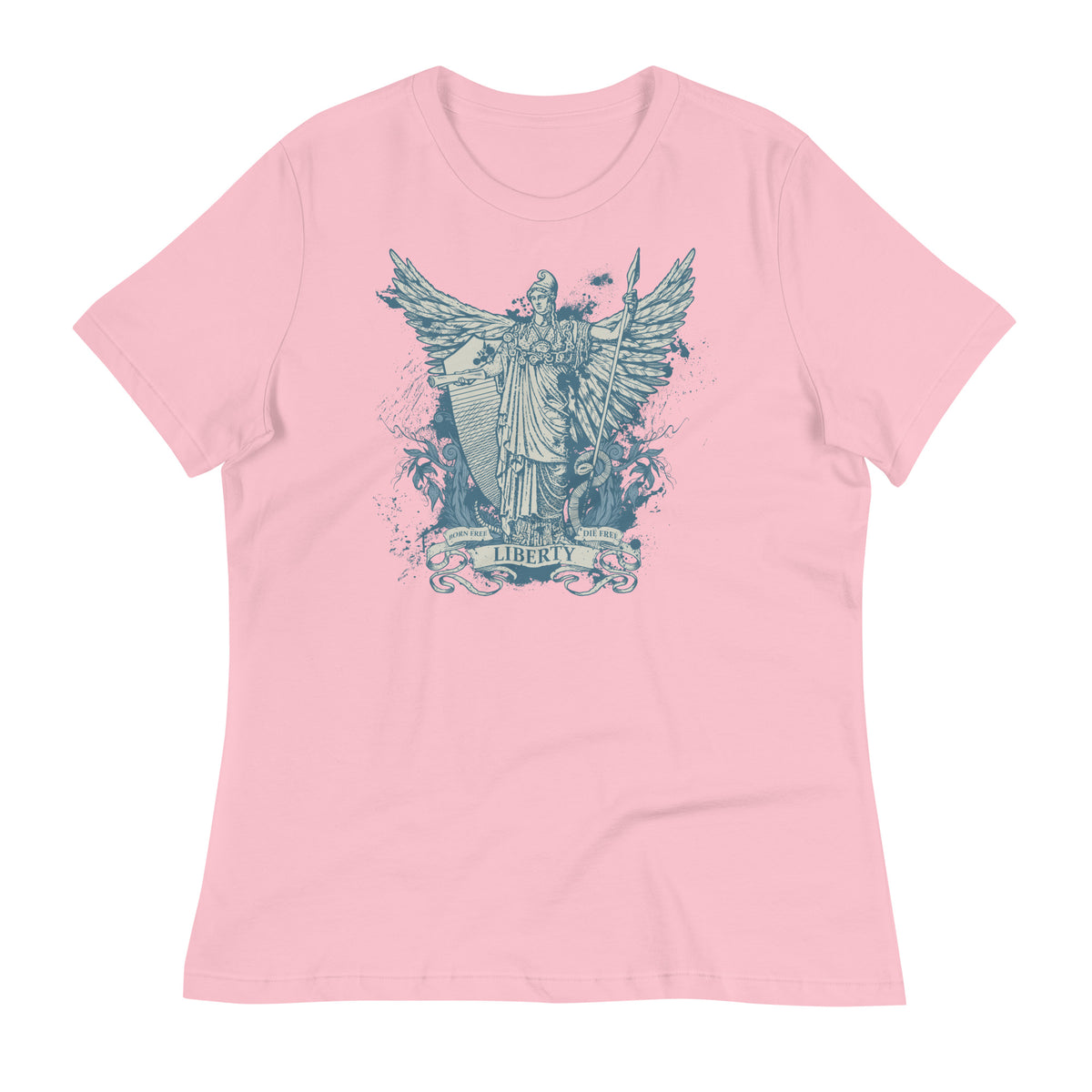 Women&#39;s pink t-shirt with a graphic print of the Roman goddess Libertas based on the Statue of Liberty.