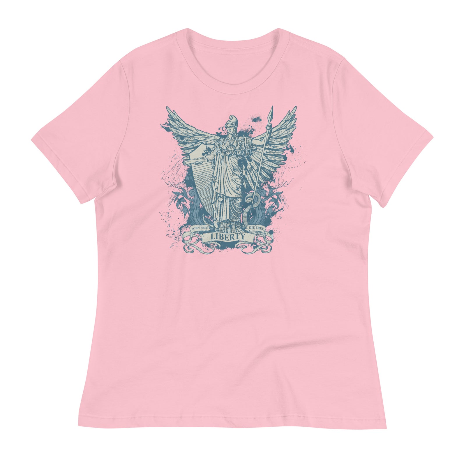 Women's pink t-shirt with a graphic print of the Roman goddess Libertas based on the Statue of Liberty.